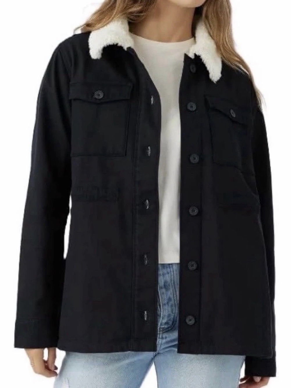 Hang Ten Women's Black Sherpa Collar Mid-Length Button Jacket Long Sleeve Size L